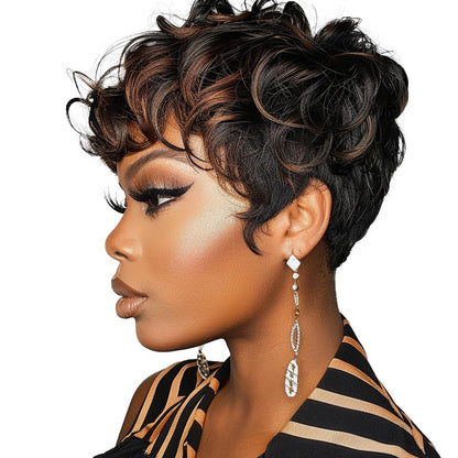Gray Pixie Cut Wig With Bangs for Black Women - Short Curly Natural Wavy Fluffy Style (Grey)