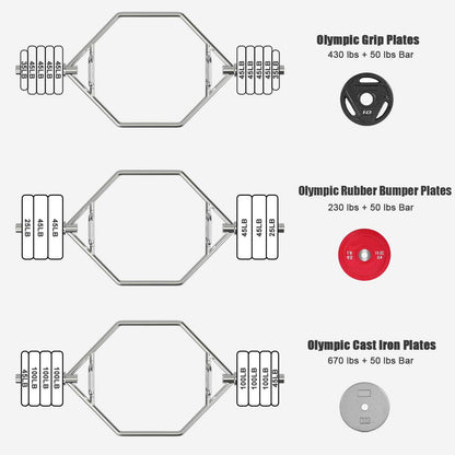 56 Olympic Hex Bar, Foldable Barbell Trap Bar with Knurled Handles