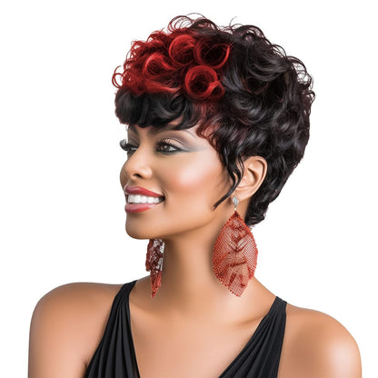 Gray Pixie Cut Wig With Bangs for Black Women - Short Curly Natural Wavy Fluffy Style (Grey)