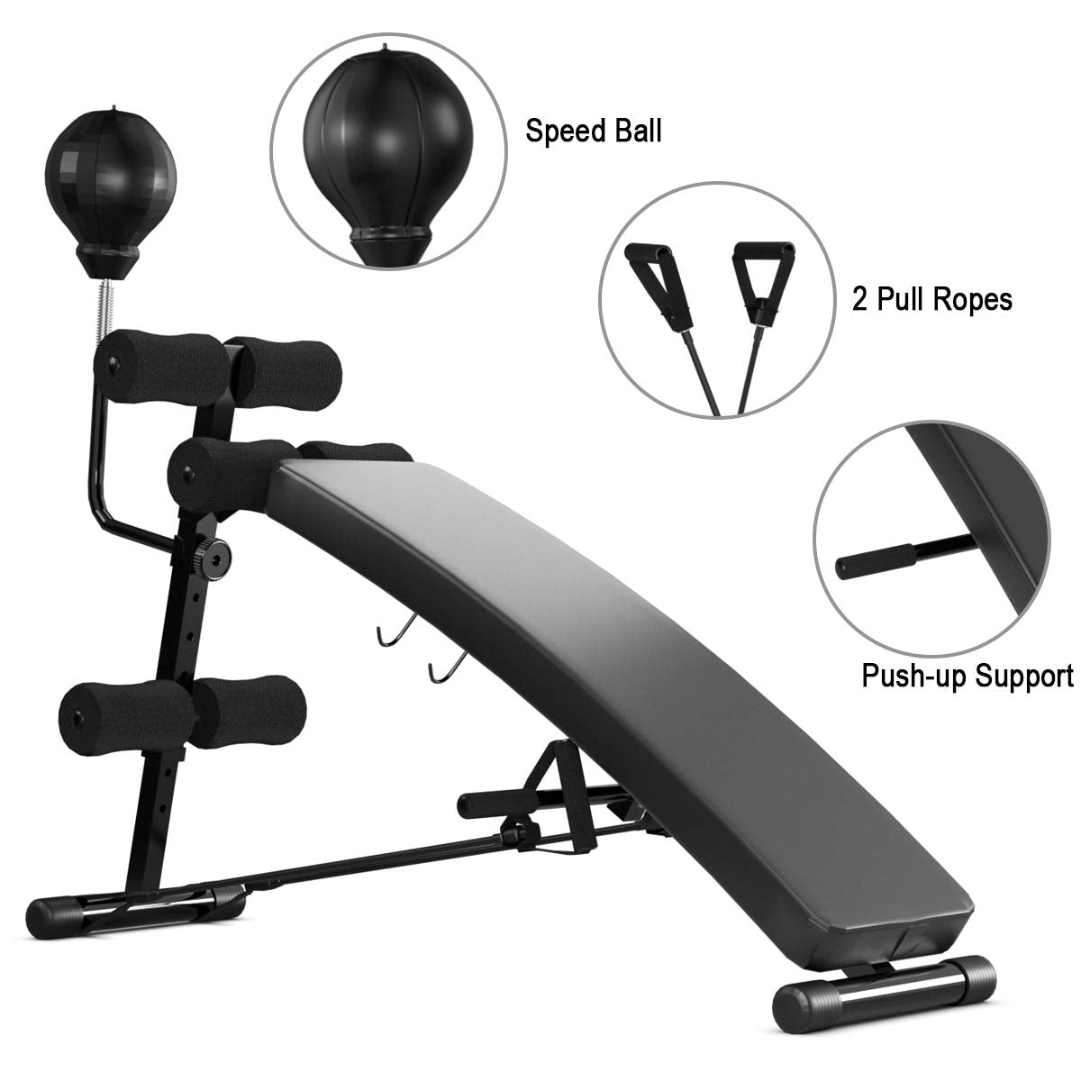 Goplus Adjustable Sit Up Bench, Decline Curved Slant Ab Bench Crunch Board with Speed Ball (Black)
