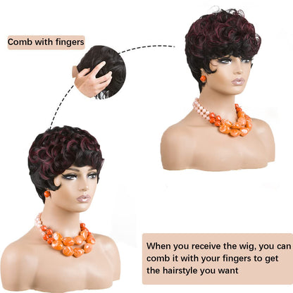 Gray Pixie Cut Wig With Bangs for Black Women - Short Curly Natural Wavy Fluffy Style (Grey)