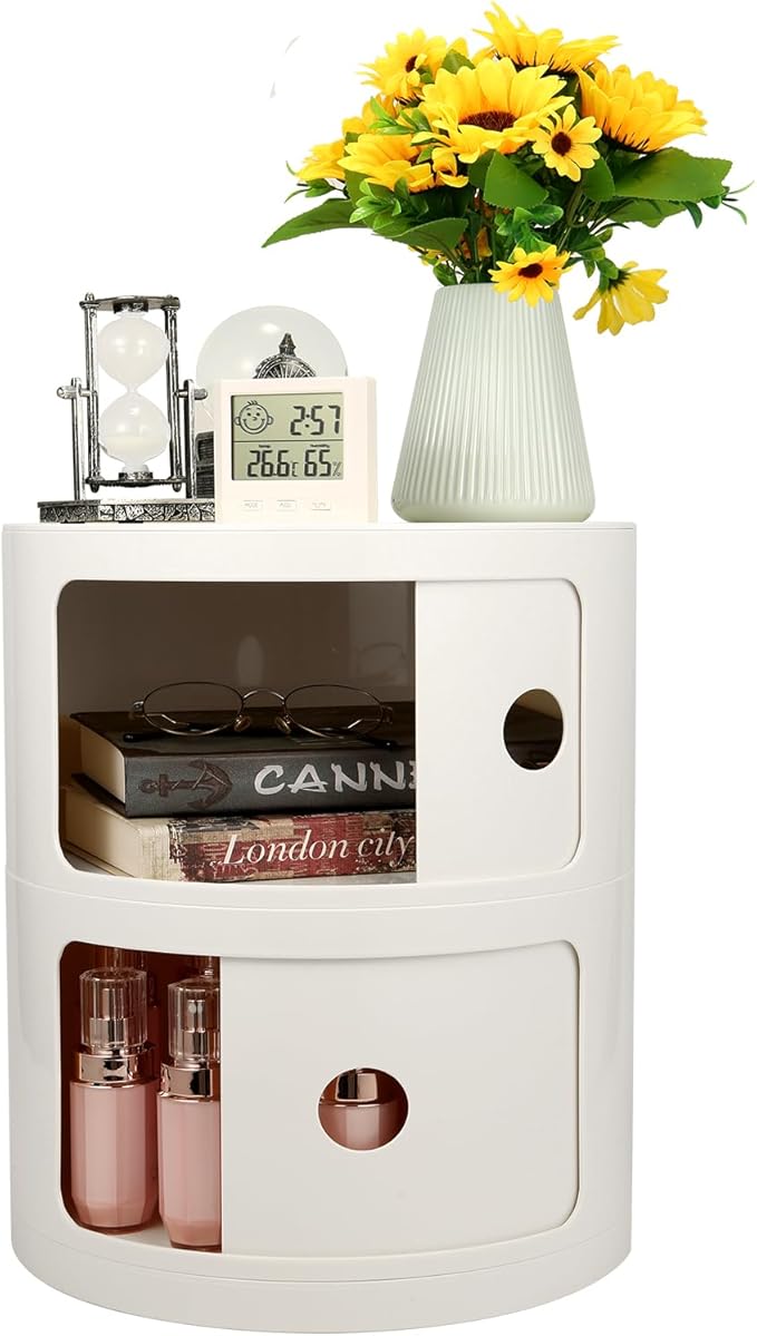 Round Bedside Table, Compact Storage Cabinet, No Assembly Required