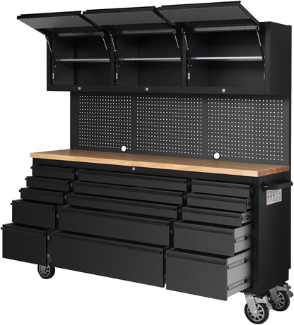 GarveeTech 72 Inch Rolling Tool Chest, Heavy Duty Mobile Workbench with 3 Upper Cabinets, 15 Drawers & Pegboard, Large Tool Storage Cabinet for Garage, Workshop, or Home Use