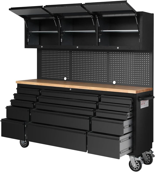 GarveeTech 72 Inch Rolling Tool Chest, Heavy Duty Mobile Workbench with 3 Upper Cabinets, 15 Drawers & Pegboard, Large Tool Storage Cabinet for Garage, Workshop, or Home Use