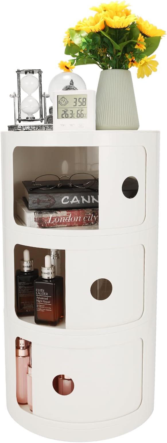 Round Bedside Table, Compact Storage Cabinet, No Assembly Required