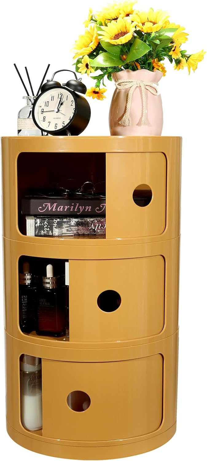 Round Bedside Table, Compact Storage Cabinet, No Assembly Required