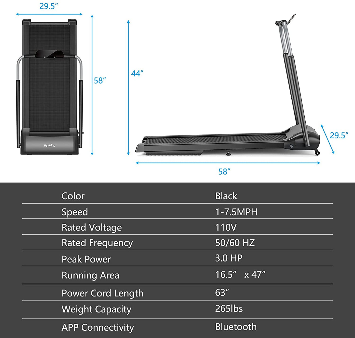 3.0HP Folding Treadmill, Foldable Superfit Treadmill