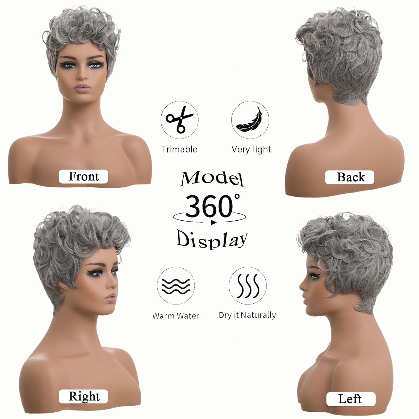 Gray Pixie Cut Wig With Bangs for Black Women - Short Curly Natural Wavy Fluffy Style (Grey)