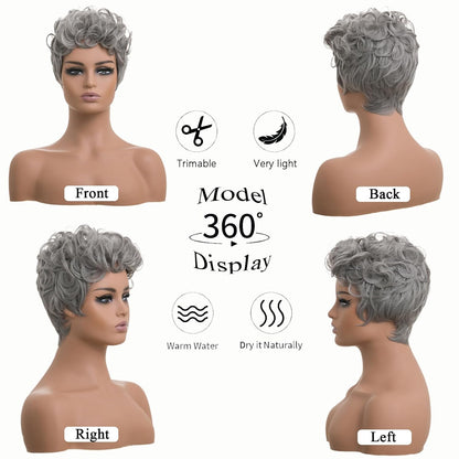 Gray Pixie Cut Wig With Bangs for Black Women - Short Curly Natural Wavy Fluffy Style (Grey)