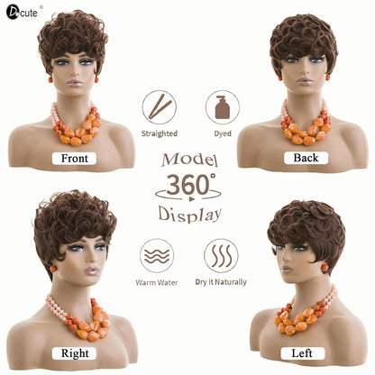 Gray Pixie Cut Wig With Bangs for Black Women - Short Curly Natural Wavy Fluffy Style (Grey)