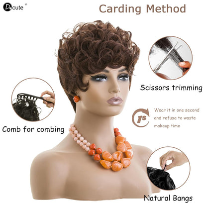 Gray Pixie Cut Wig With Bangs for Black Women - Short Curly Natural Wavy Fluffy Style (Grey)