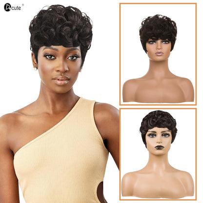 Gray Pixie Cut Wig With Bangs for Black Women - Short Curly Natural Wavy Fluffy Style (Grey)