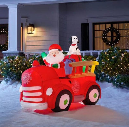 Christmas-5 ft inflatable santa driving vintage fire truck scene