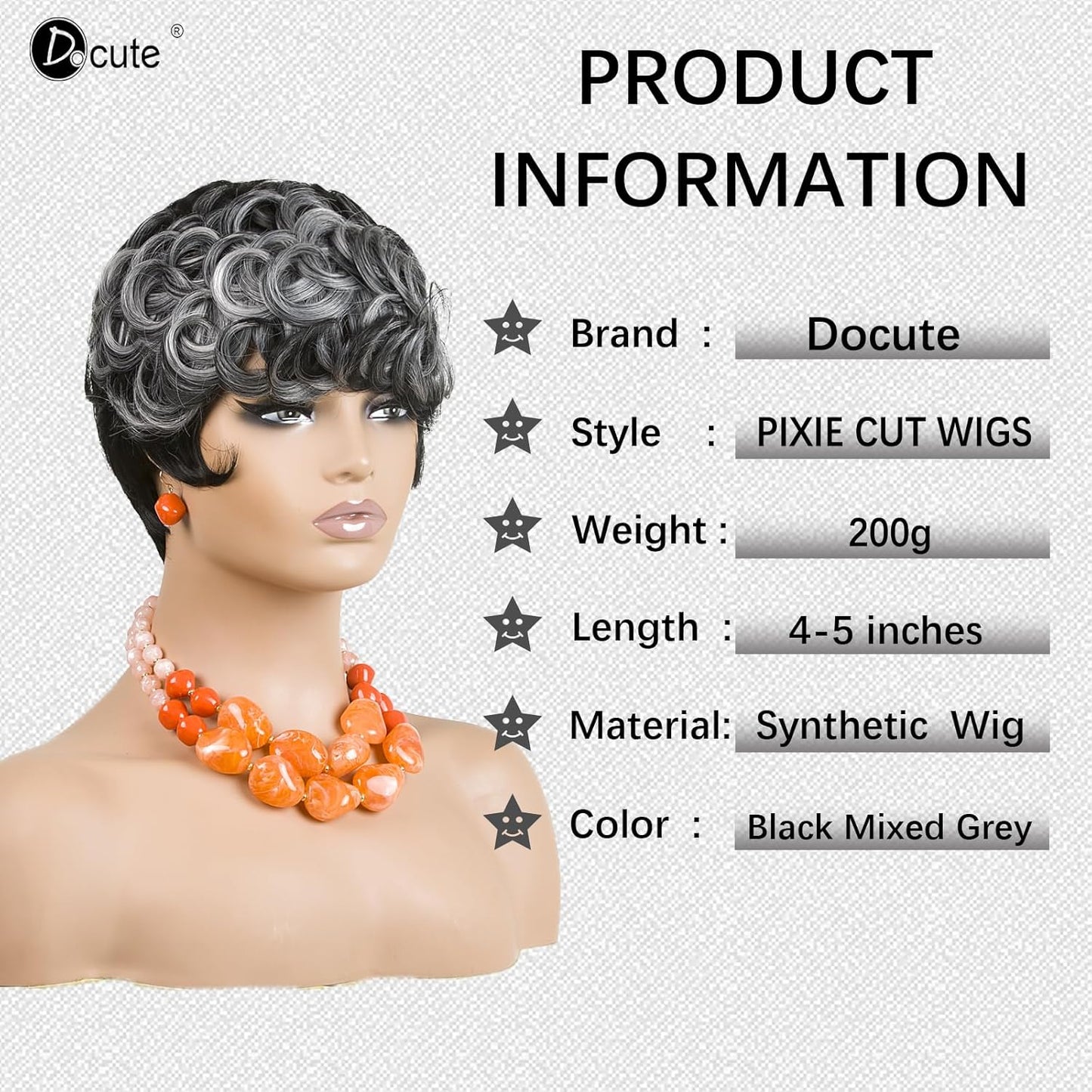 Gray Pixie Cut Wig With Bangs for Black Women - Short Curly Natural Wavy Fluffy Style (Grey)