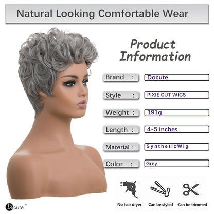 Gray Pixie Cut Wig With Bangs for Black Women - Short Curly Natural Wavy Fluffy Style (Grey)