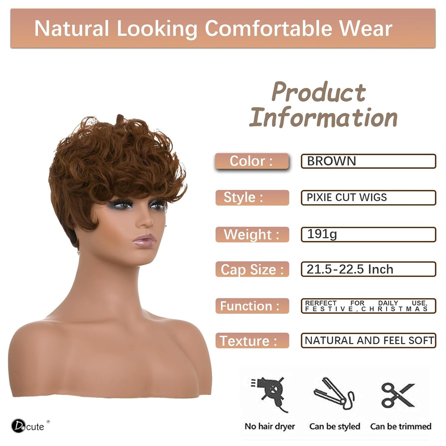 Gray Pixie Cut Wig With Bangs for Black Women - Short Curly Natural Wavy Fluffy Style (Grey)