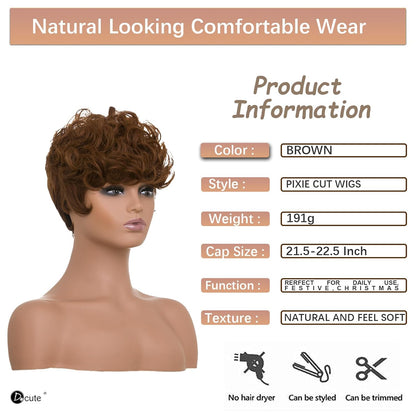 Gray Pixie Cut Wig With Bangs for Black Women - Short Curly Natural Wavy Fluffy Style (Grey)