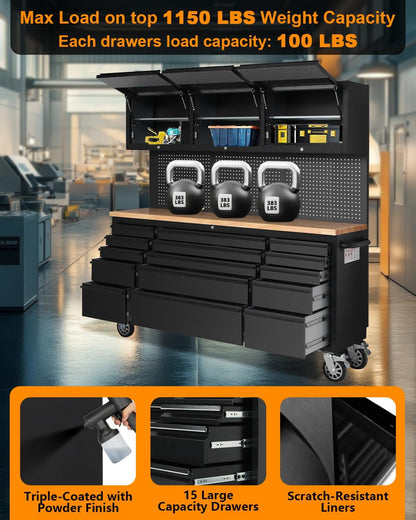 GarveeTech 72 Inch Rolling Tool Chest, Heavy Duty Mobile Workbench with 3 Upper Cabinets, 15 Drawers & Pegboard, Large Tool Storage Cabinet for Garage, Workshop, or Home Use