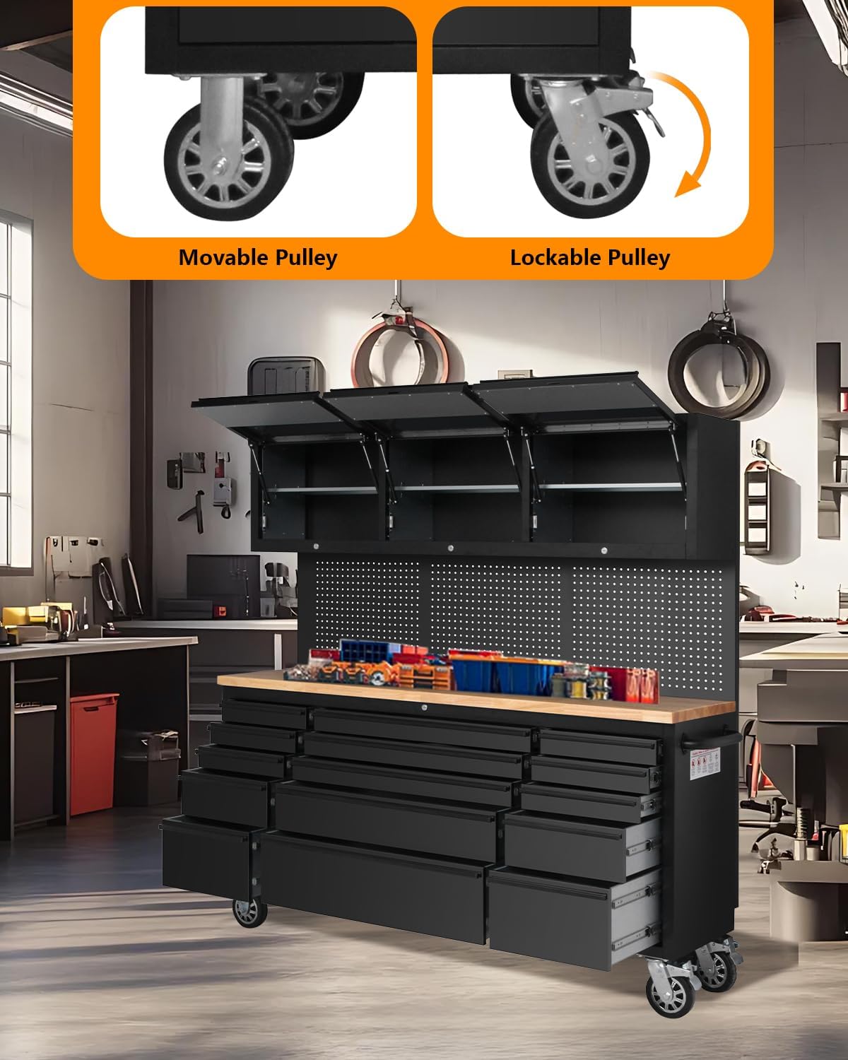 GarveeTech 72 Inch Rolling Tool Chest, Heavy Duty Mobile Workbench with 3 Upper Cabinets, 15 Drawers & Pegboard, Large Tool Storage Cabinet for Garage, Workshop, or Home Use