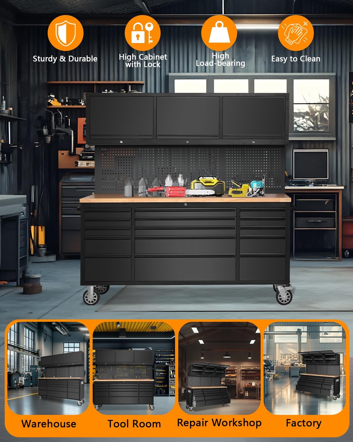 GarveeTech 72 Inch Rolling Tool Chest, Heavy Duty Mobile Workbench with 3 Upper Cabinets, 15 Drawers & Pegboard, Large Tool Storage Cabinet for Garage, Workshop, or Home Use