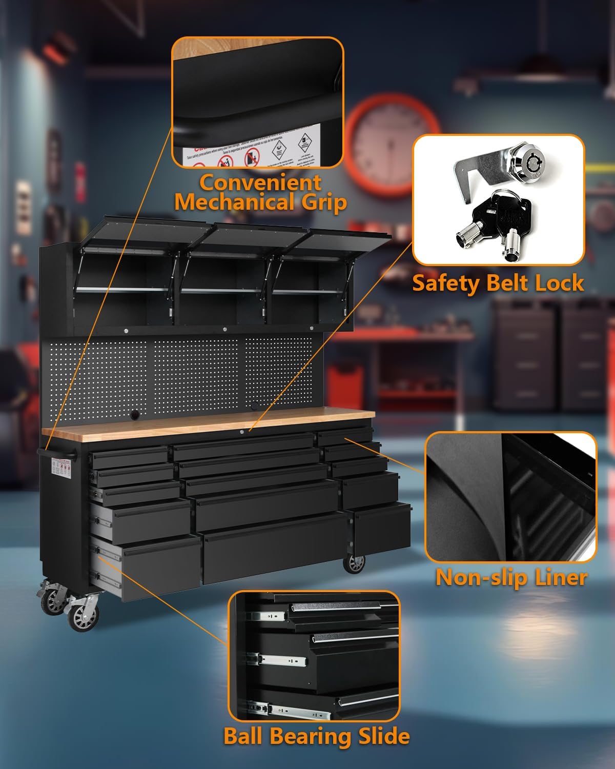 GarveeTech 72 Inch Rolling Tool Chest, Heavy Duty Mobile Workbench with 3 Upper Cabinets, 15 Drawers & Pegboard, Large Tool Storage Cabinet for Garage, Workshop, or Home Use