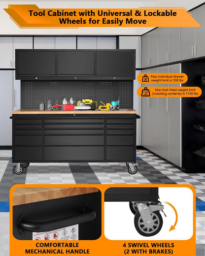 GarveeTech 72 Inch Rolling Tool Chest, Heavy Duty Mobile Workbench with 3 Upper Cabinets, 15 Drawers & Pegboard, Large Tool Storage Cabinet for Garage, Workshop, or Home Use