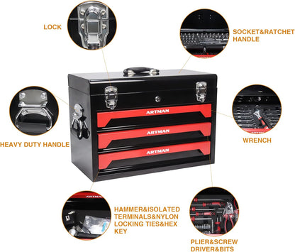 3 Drawers Heavy Duty Metal Tool Box with 439-Piece Mechanics Tool Set Repair Tool Kit, Blue & Black