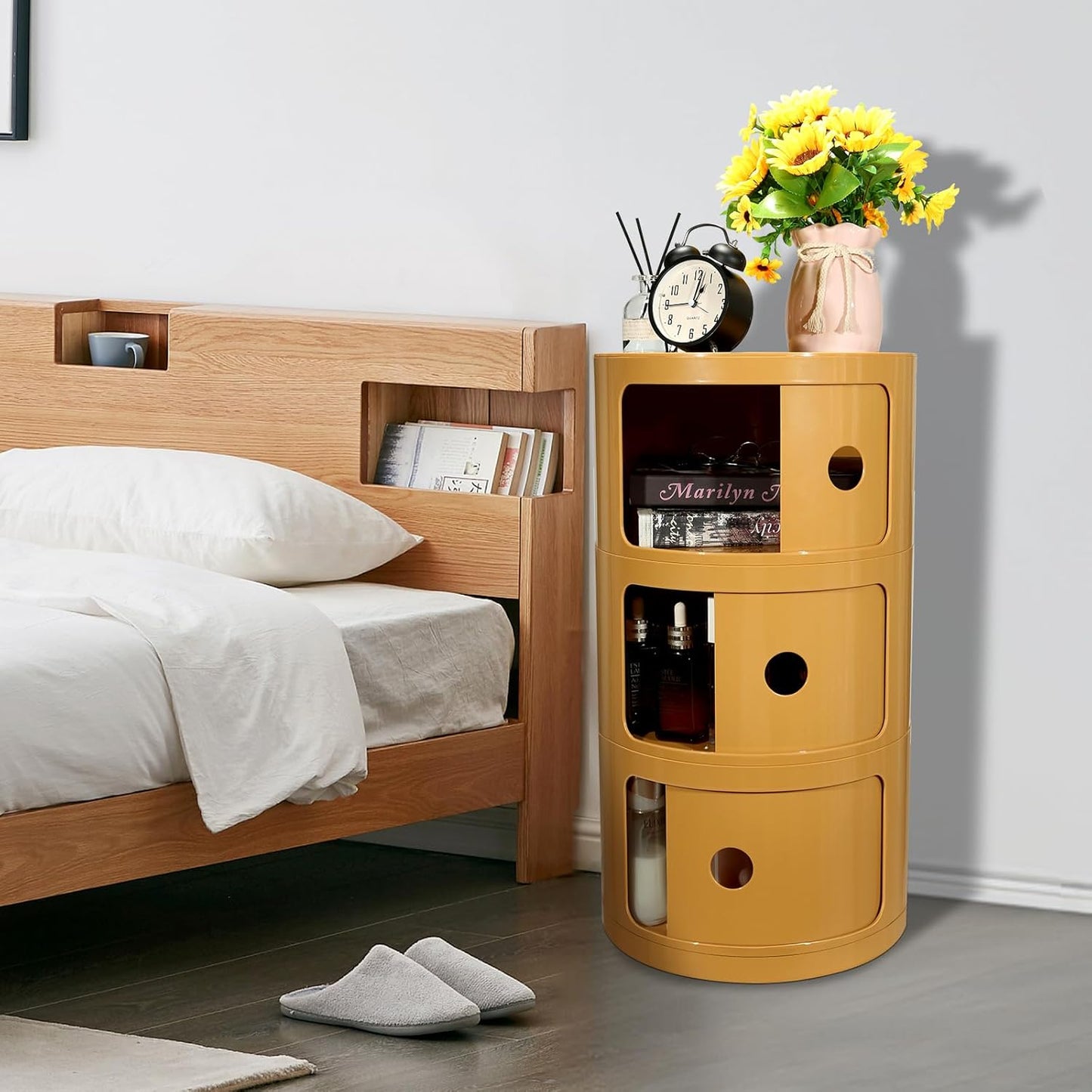 Round Bedside Table, Compact Storage Cabinet, No Assembly Required