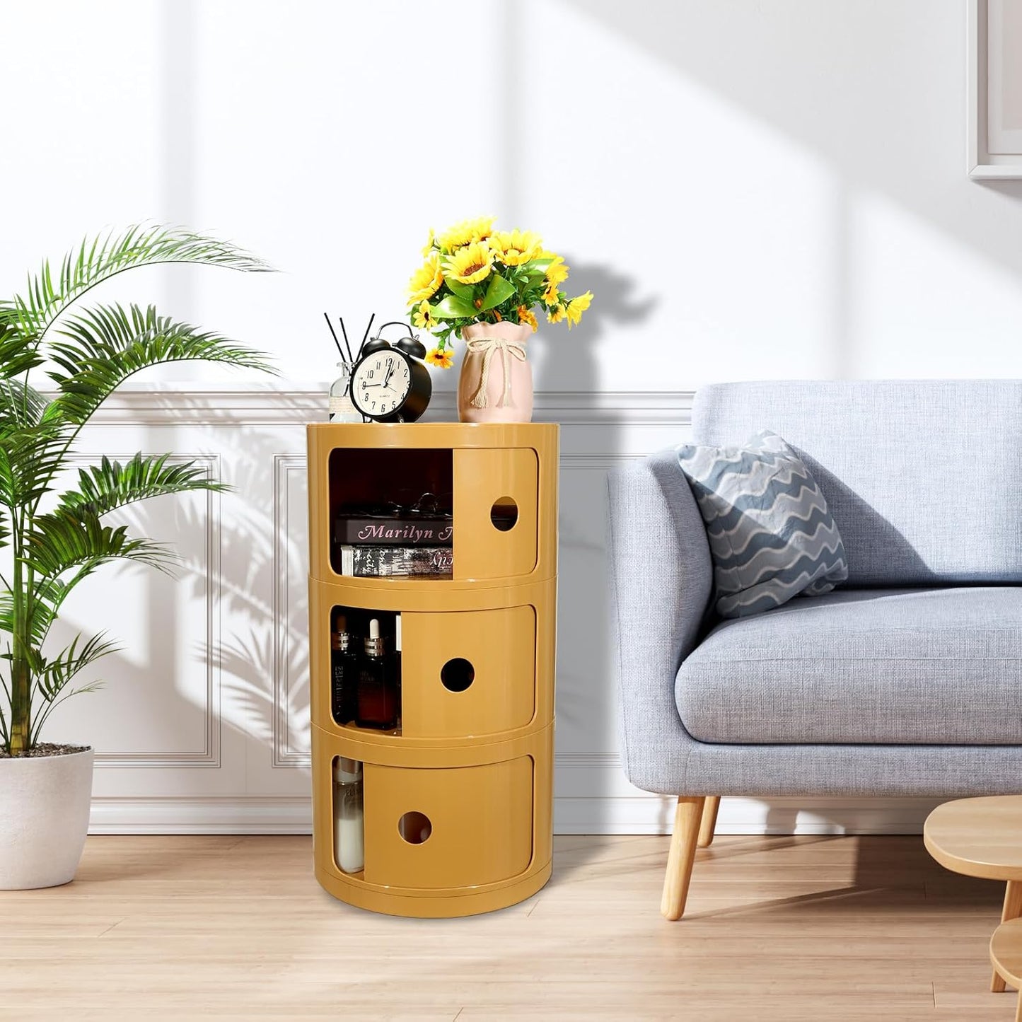 Round Bedside Table, Compact Storage Cabinet, No Assembly Required