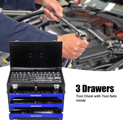 3 Drawers Heavy Duty Metal Tool Box with 439-Piece Mechanics Tool Set Repair Tool Kit, Blue & Black