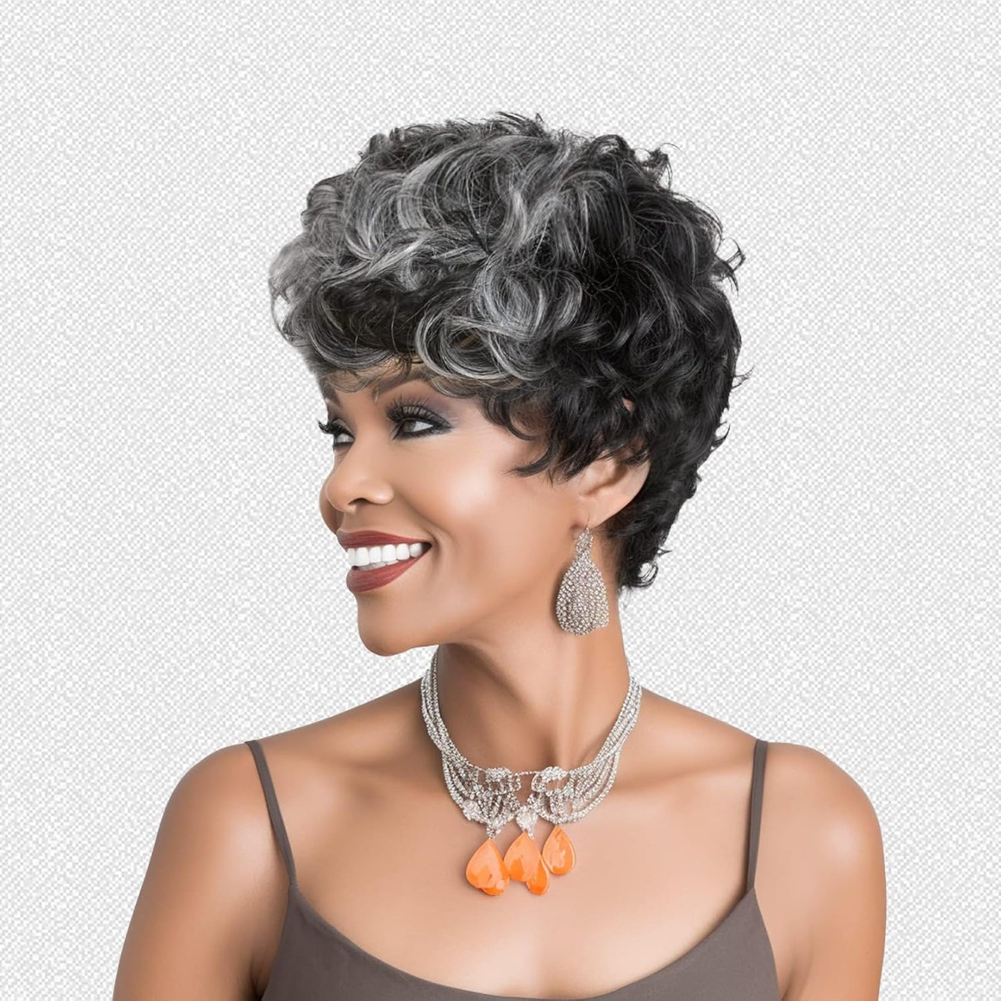 Gray Pixie Cut Wig With Bangs for Black Women - Short Curly Natural Wavy Fluffy Style (Grey)
