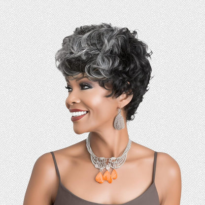 Gray Pixie Cut Wig With Bangs for Black Women - Short Curly Natural Wavy Fluffy Style (Grey)