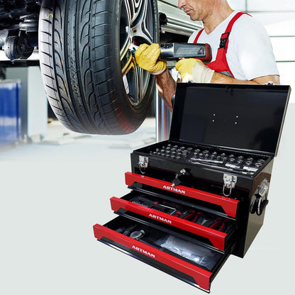 3 Drawers Heavy Duty Metal Tool Box with 439-Piece Mechanics Tool Set Repair Tool Kit, Blue & Black