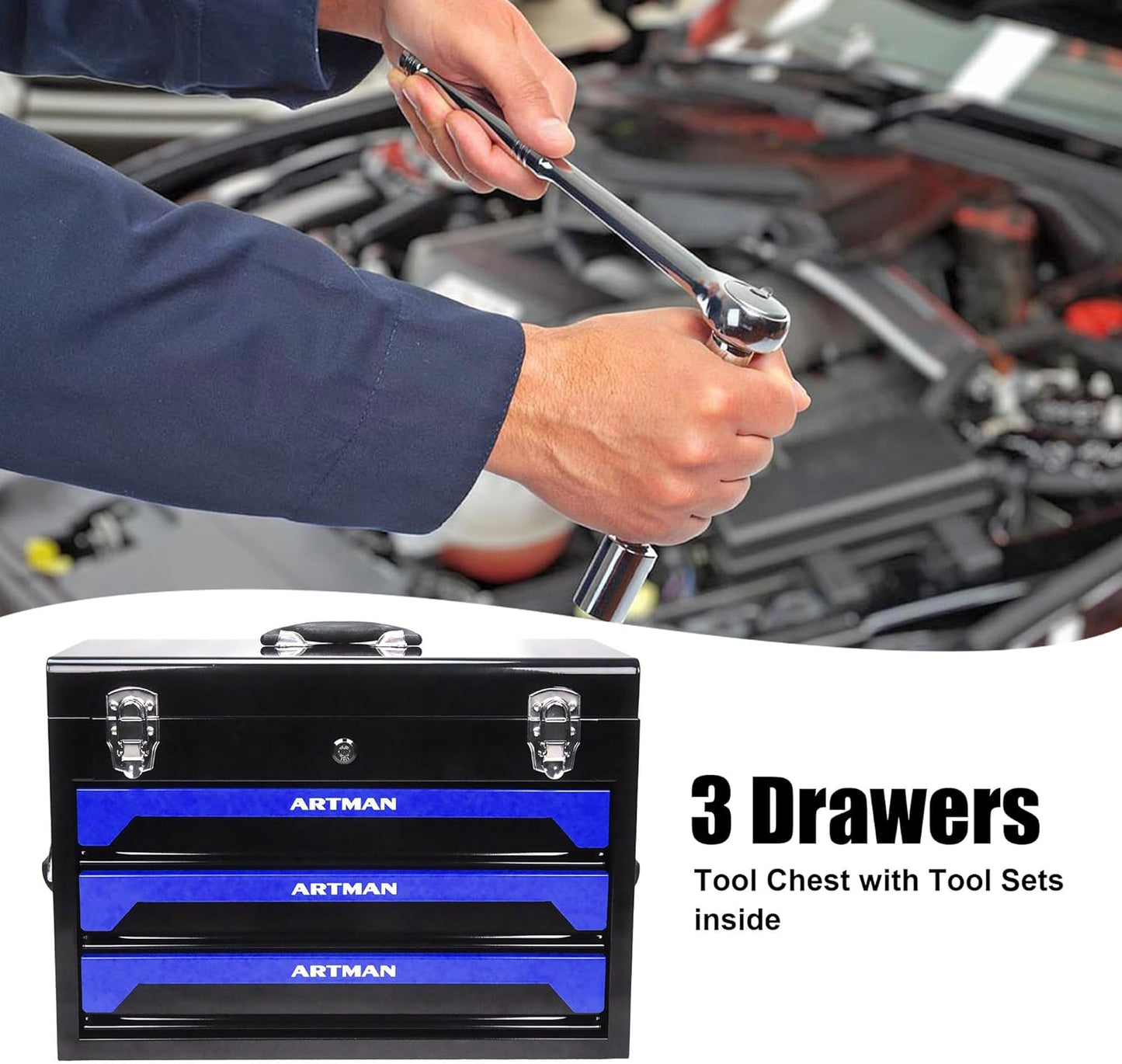 3 Drawers Heavy Duty Metal Tool Box with 439-Piece Mechanics Tool Set Repair Tool Kit, Blue & Black
