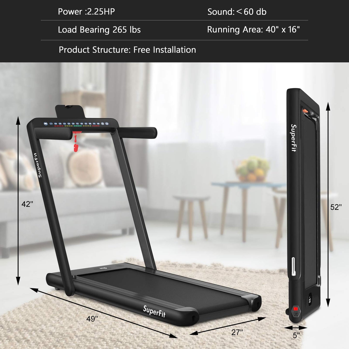 2 in 1 Folding Treadmill with Dual Display, 2.25HP Superfit Under Desk Electric Pad