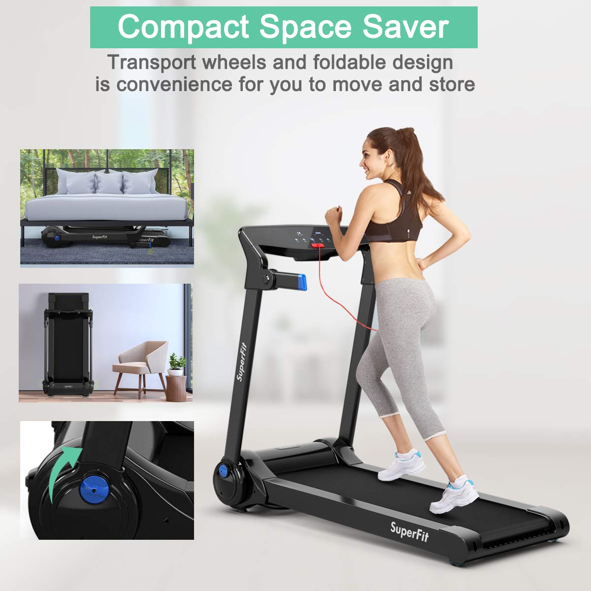 Goplus 3HP Electric Folding Treadmill, with APP Control, Bluetooth Speaker and HD Touch Screen