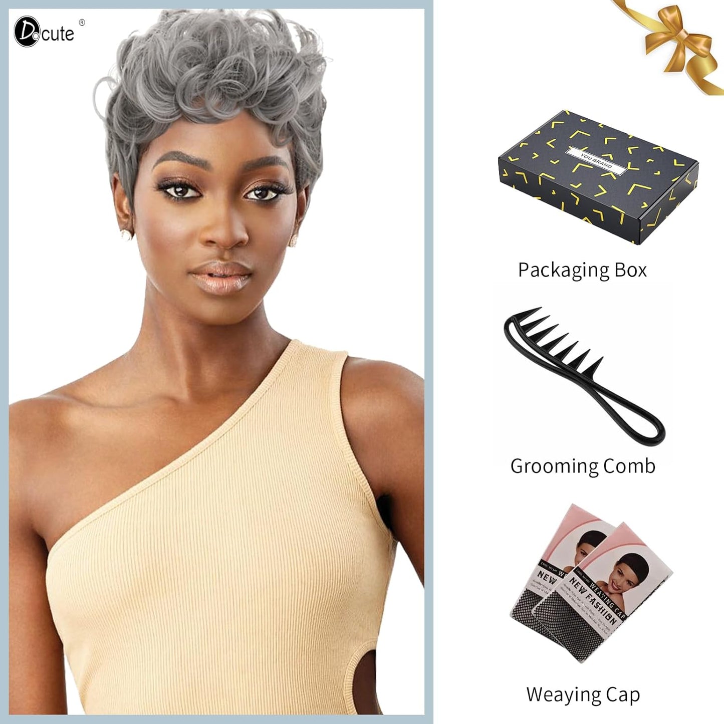 Gray Pixie Cut Wig With Bangs for Black Women - Short Curly Natural Wavy Fluffy Style (Grey)