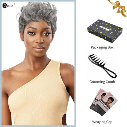 Gray Pixie Cut Wig With Bangs for Black Women - Short Curly Natural Wavy Fluffy Style (Grey)