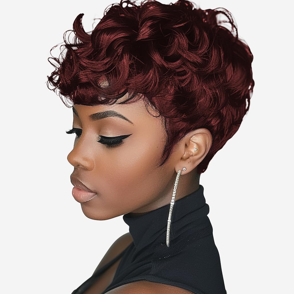 Gray Pixie Cut Wig With Bangs for Black Women - Short Curly Natural Wavy Fluffy Style (Grey)