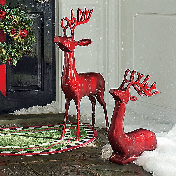 Red Cast-aluminum Deer, Set of 2