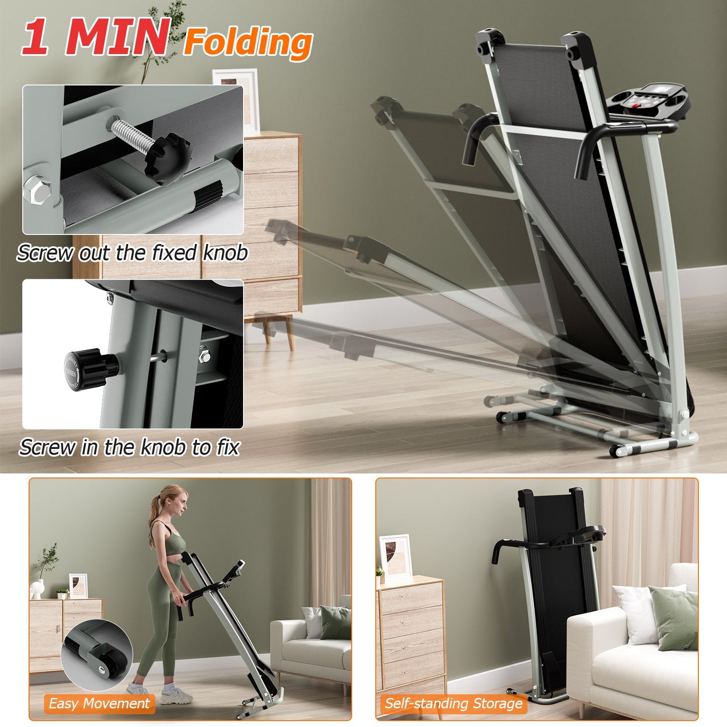 Folding Treadmill, Electric Running Machine with LED Display and Mobile Phone Holder