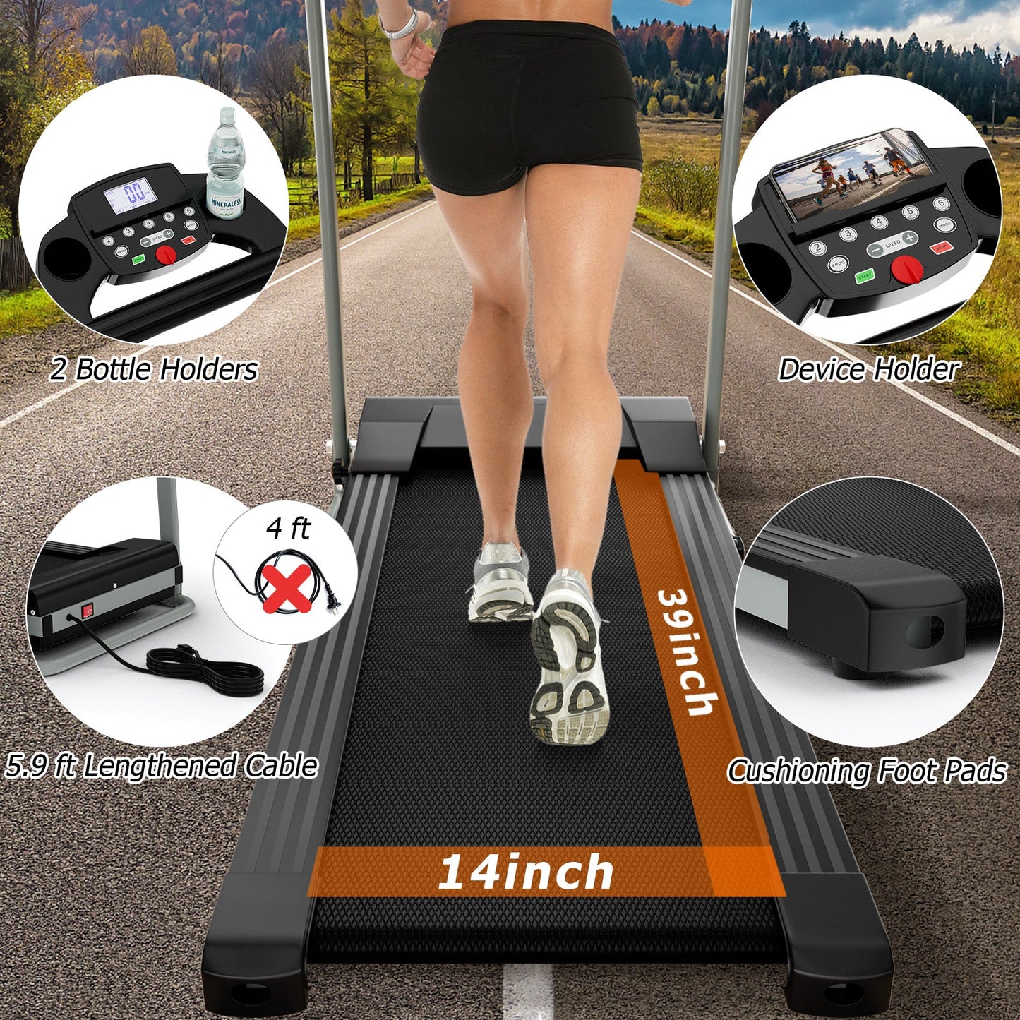 Folding Treadmill, Electric Running Machine with LED Display and Mobile Phone Holder