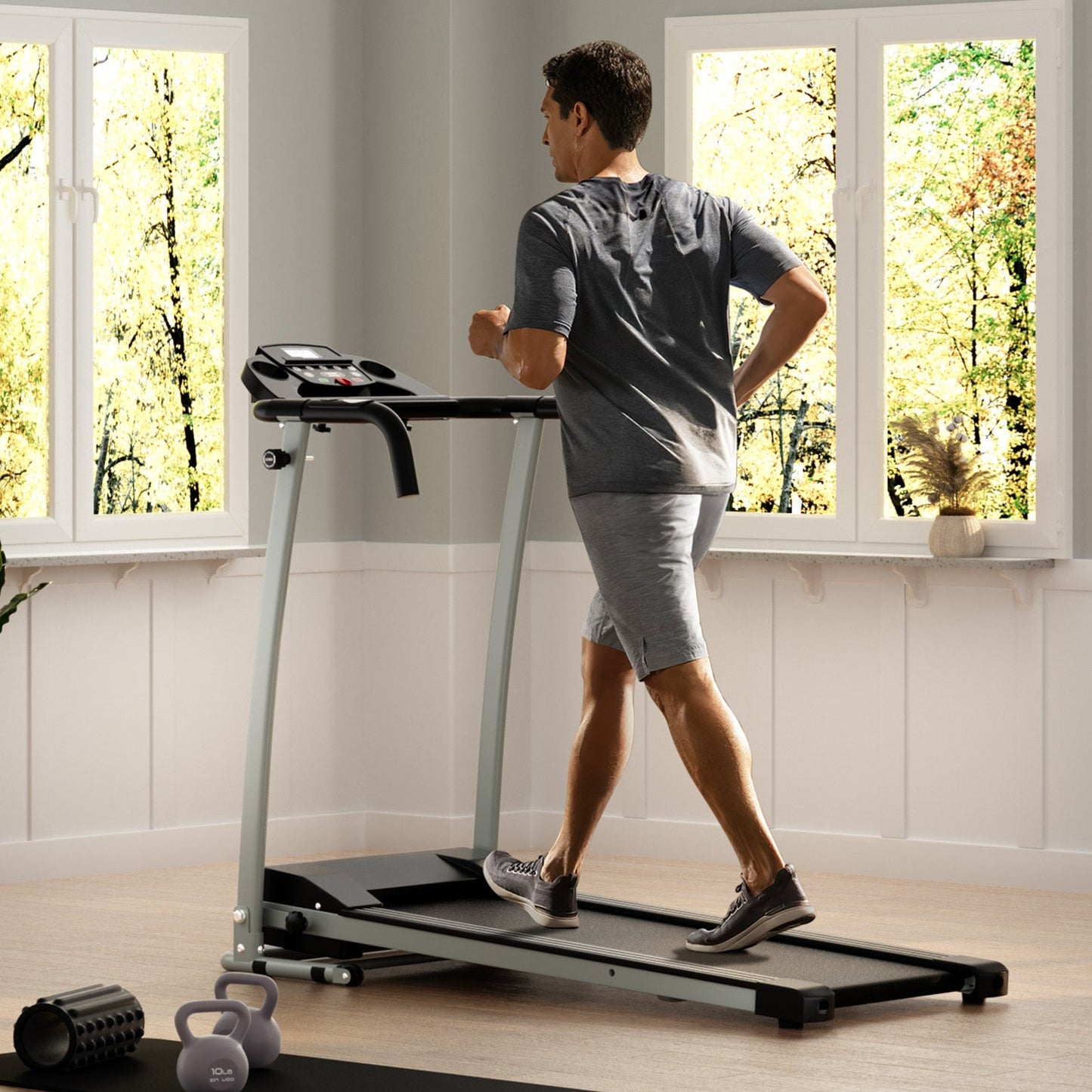Folding Treadmill, Electric Running Machine with LED Display and Mobile Phone Holder