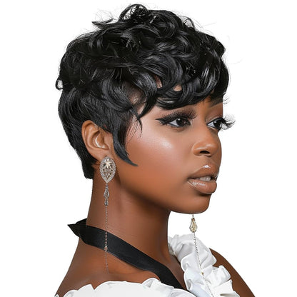 Gray Pixie Cut Wig With Bangs for Black Women - Short Curly Natural Wavy Fluffy Style (Grey)