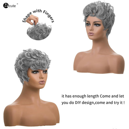 Gray Pixie Cut Wig With Bangs for Black Women - Short Curly Natural Wavy Fluffy Style (Grey)