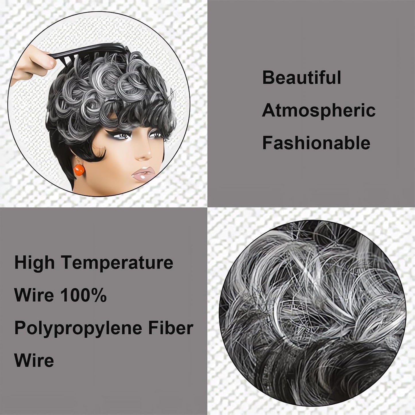 Gray Pixie Cut Wig With Bangs for Black Women - Short Curly Natural Wavy Fluffy Style (Grey)