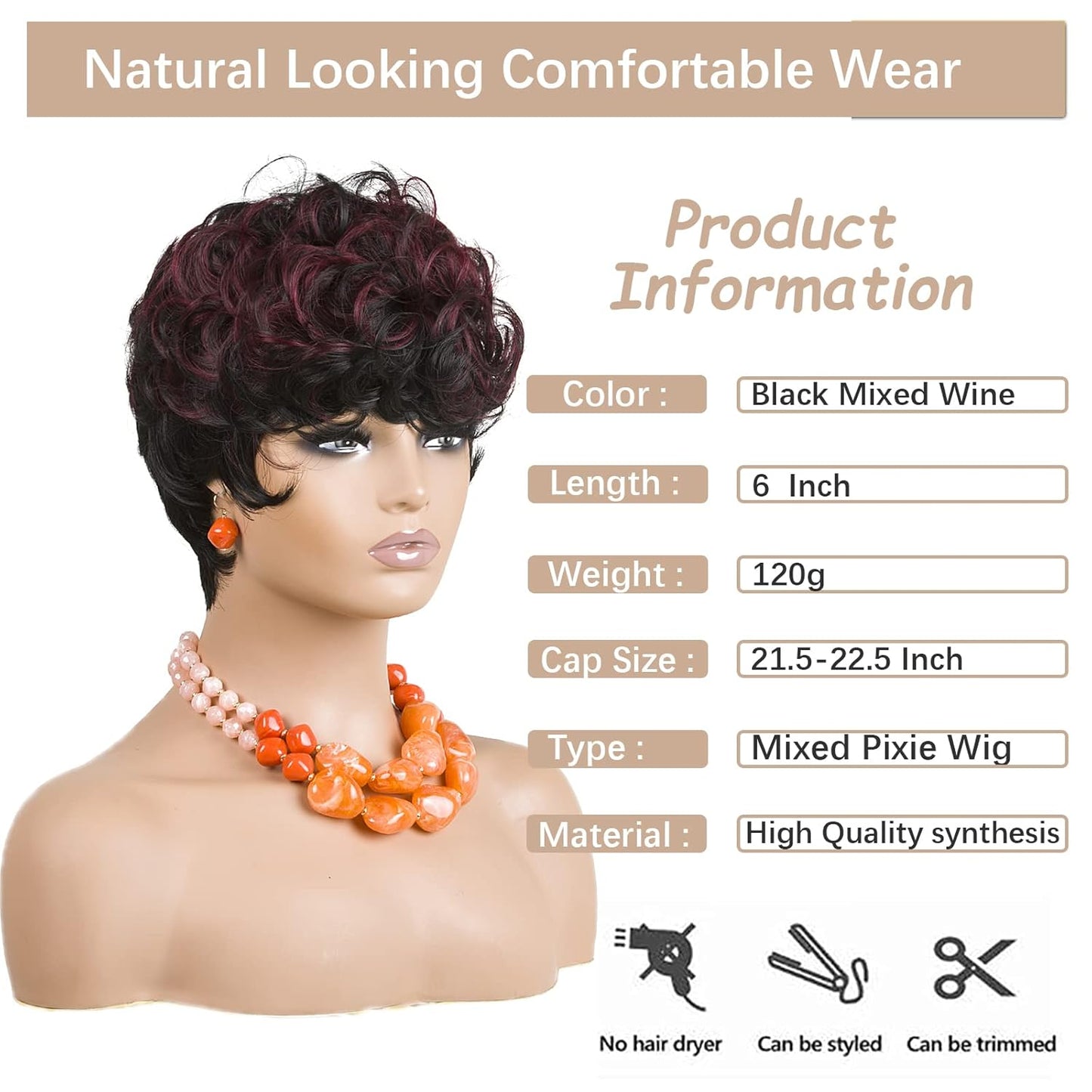 Gray Pixie Cut Wig With Bangs for Black Women - Short Curly Natural Wavy Fluffy Style (Grey)