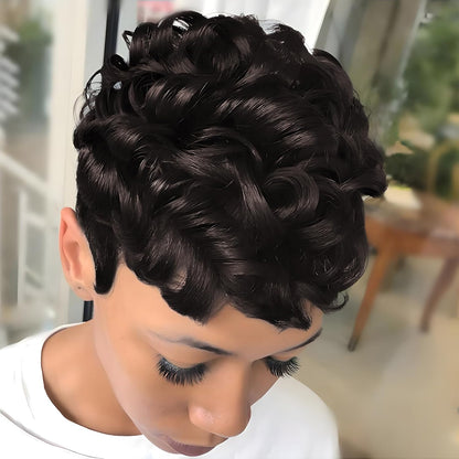 Gray Pixie Cut Wig With Bangs for Black Women - Short Curly Natural Wavy Fluffy Style (Grey)