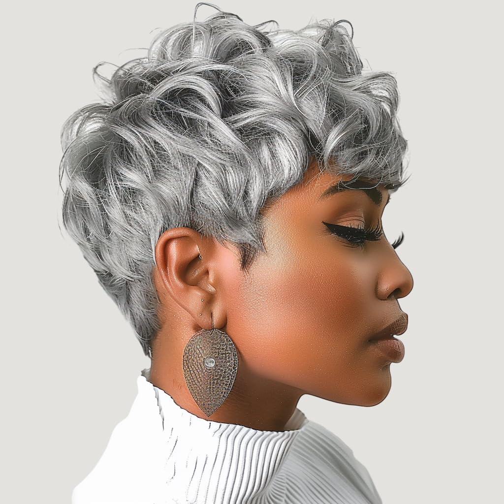 Gray Pixie Cut Wig With Bangs for Black Women - Short Curly Natural Wavy Fluffy Style (Grey)