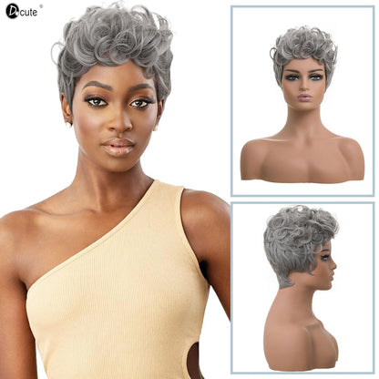 Gray Pixie Cut Wig With Bangs for Black Women - Short Curly Natural Wavy Fluffy Style (Grey)